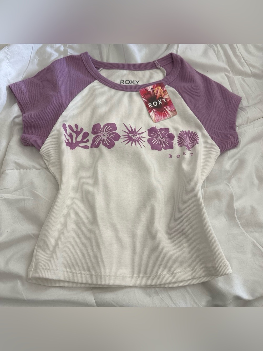 Roxy women’s ' White & Lavender Floral Raglan Tee